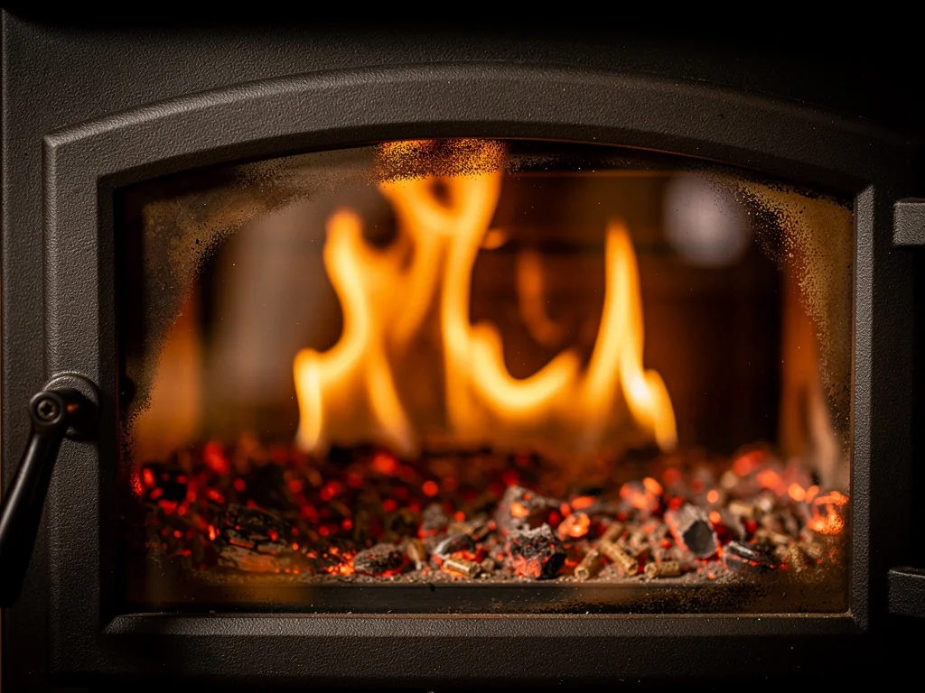 Flammes derrière la vitre en fonte d'un poêle à granulés