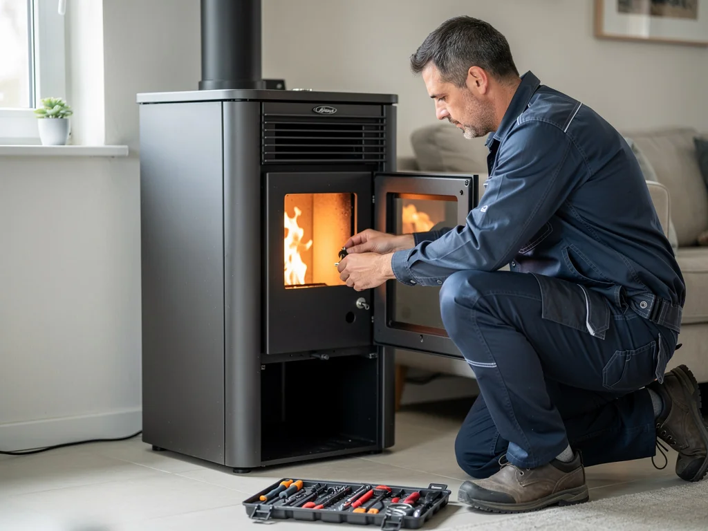 Technicien réglant la combustion d'un poêle lors de la mise en service